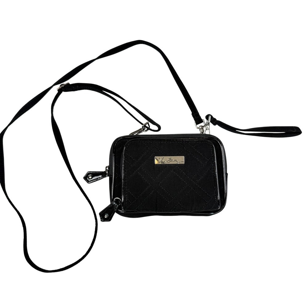 Vera Bradley Black Quilted Microfiber Crossbody Wallet Bag Patent Trim